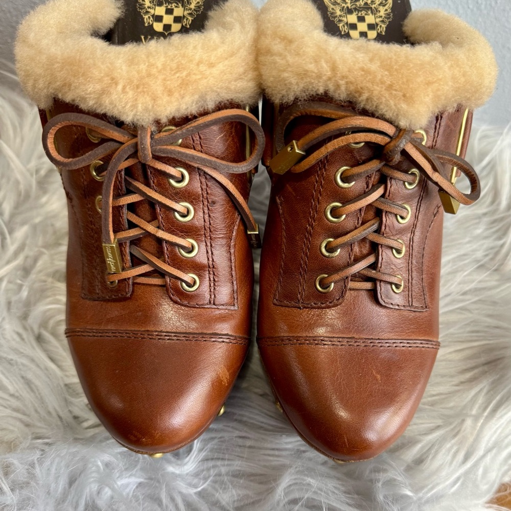 New Vince Camuto Brown Leather Mules with Gold Accents